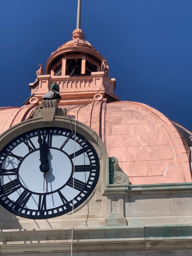 During sandblasting the Brown County copper dome.